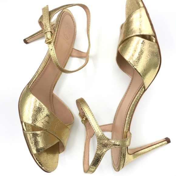 Tory Burch Shayley Mirror Gold Craquelee Heeled Sandal Shoes Size 10.5 - Picture 8 of 8